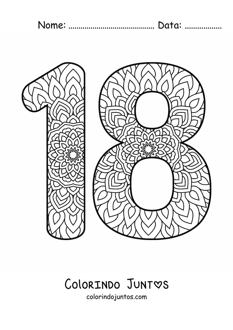 Desenho para colorir de mandala do número 18
