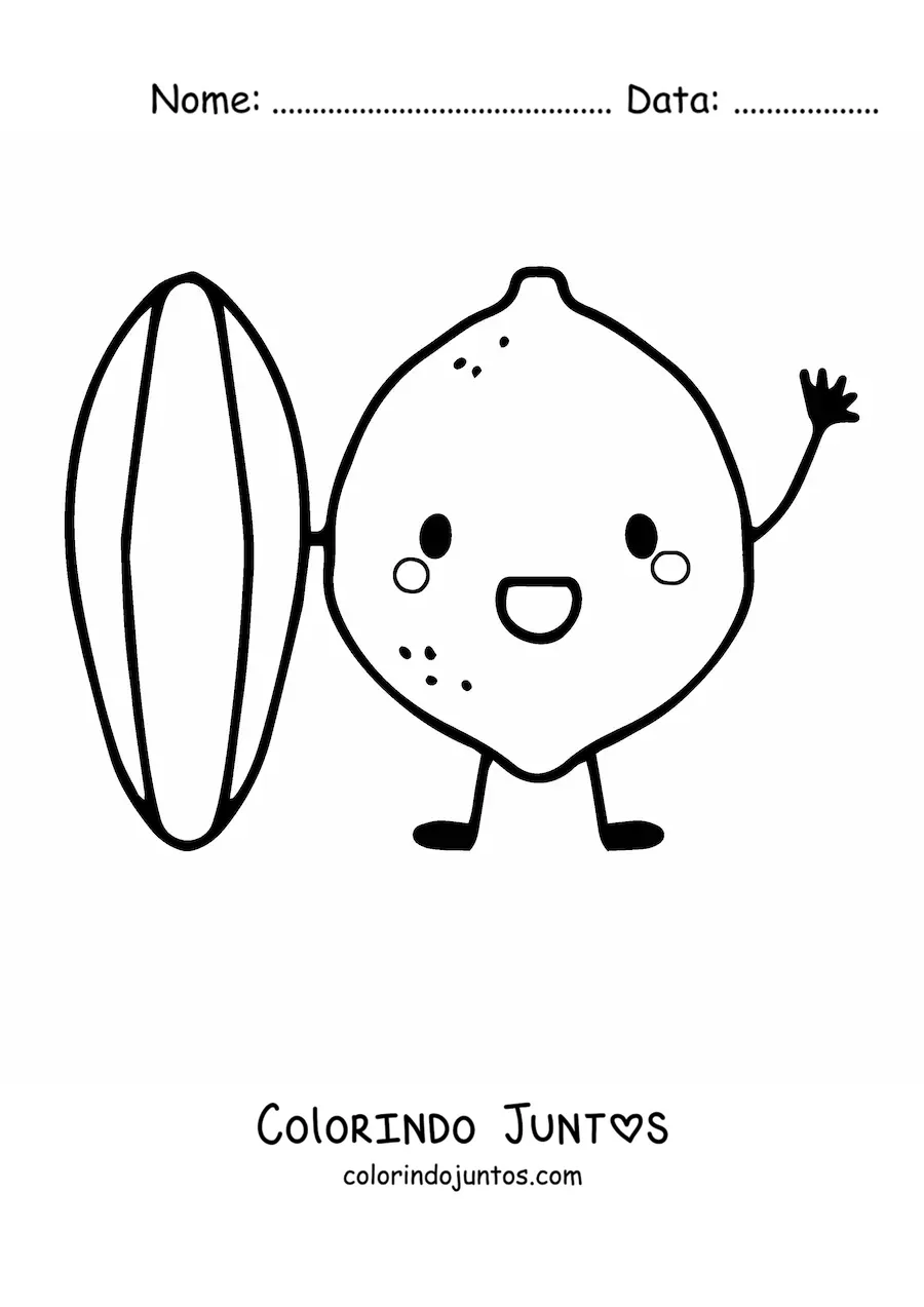 Desenho para colorir de um limão animado segurando uma prancha de surfe