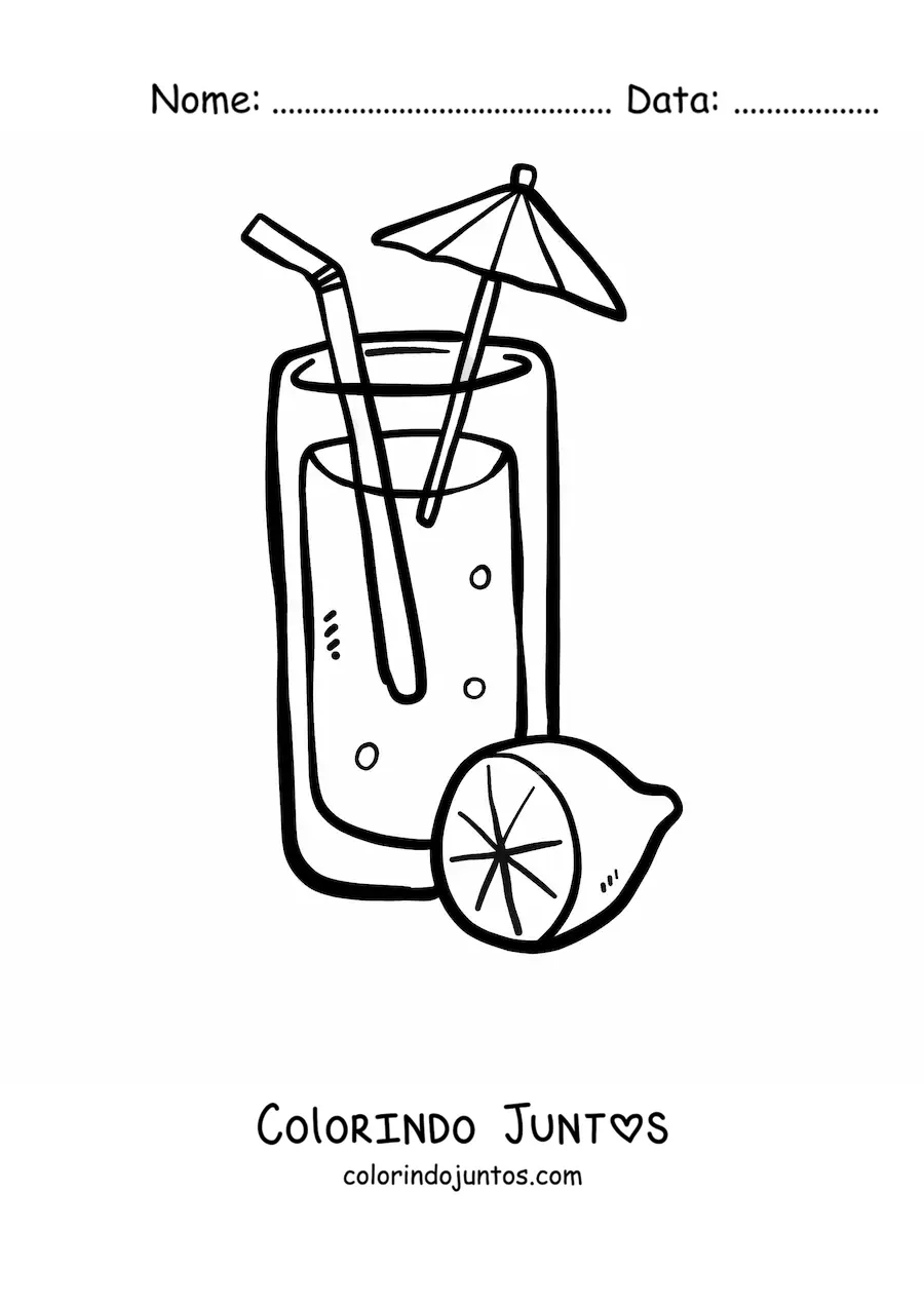 Desenho para colorir de um copo de limonada com um guarda-sol