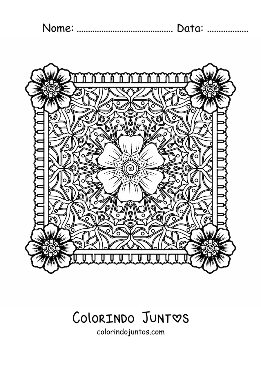 Desenho para colorir de mandala quadrada com flores