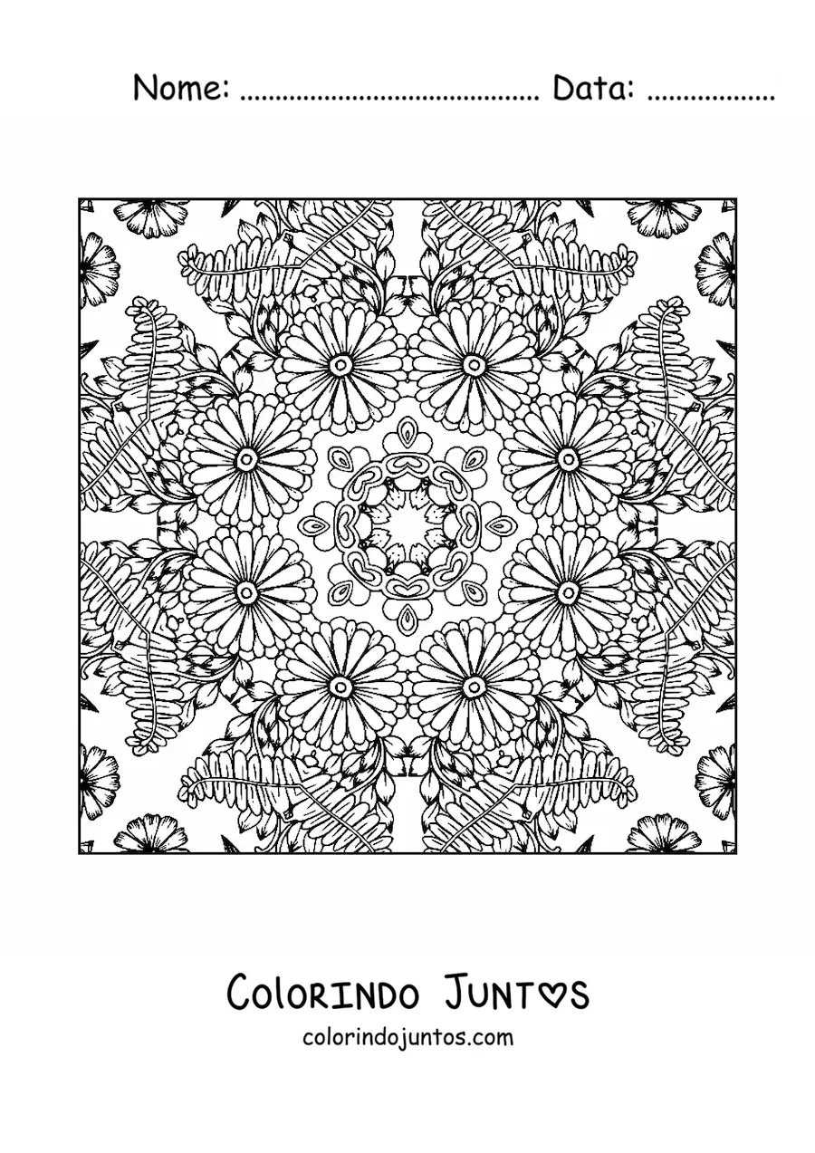 Desenho para colorir de mandala quadrada com flores