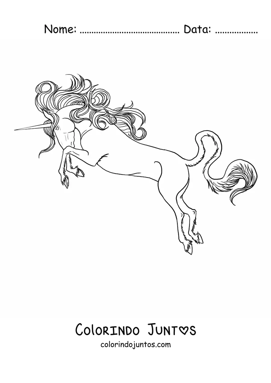 Desenho para colorir de um unicórnio em duas patas investindo