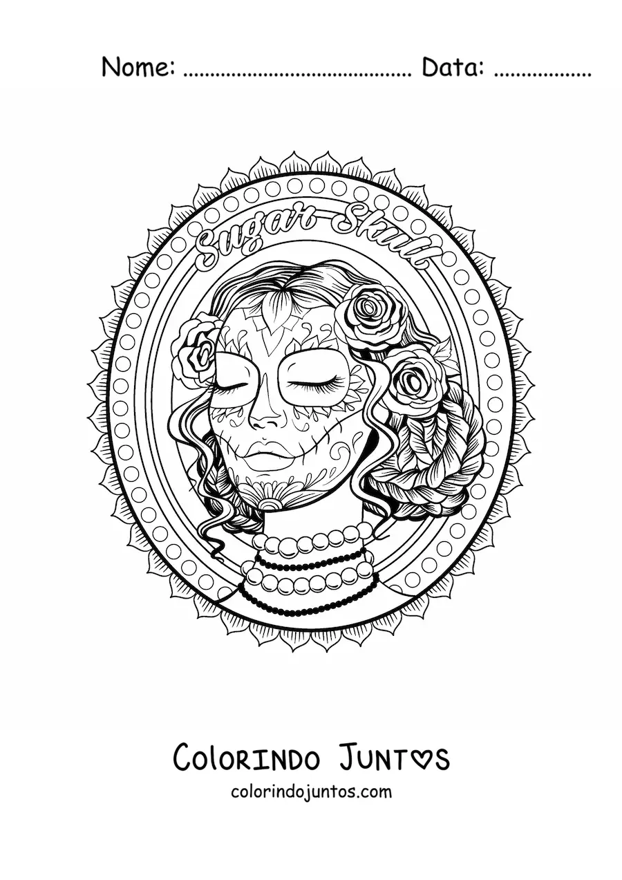 Desenho para colorir de linda catrina realista com fundo de mandala
