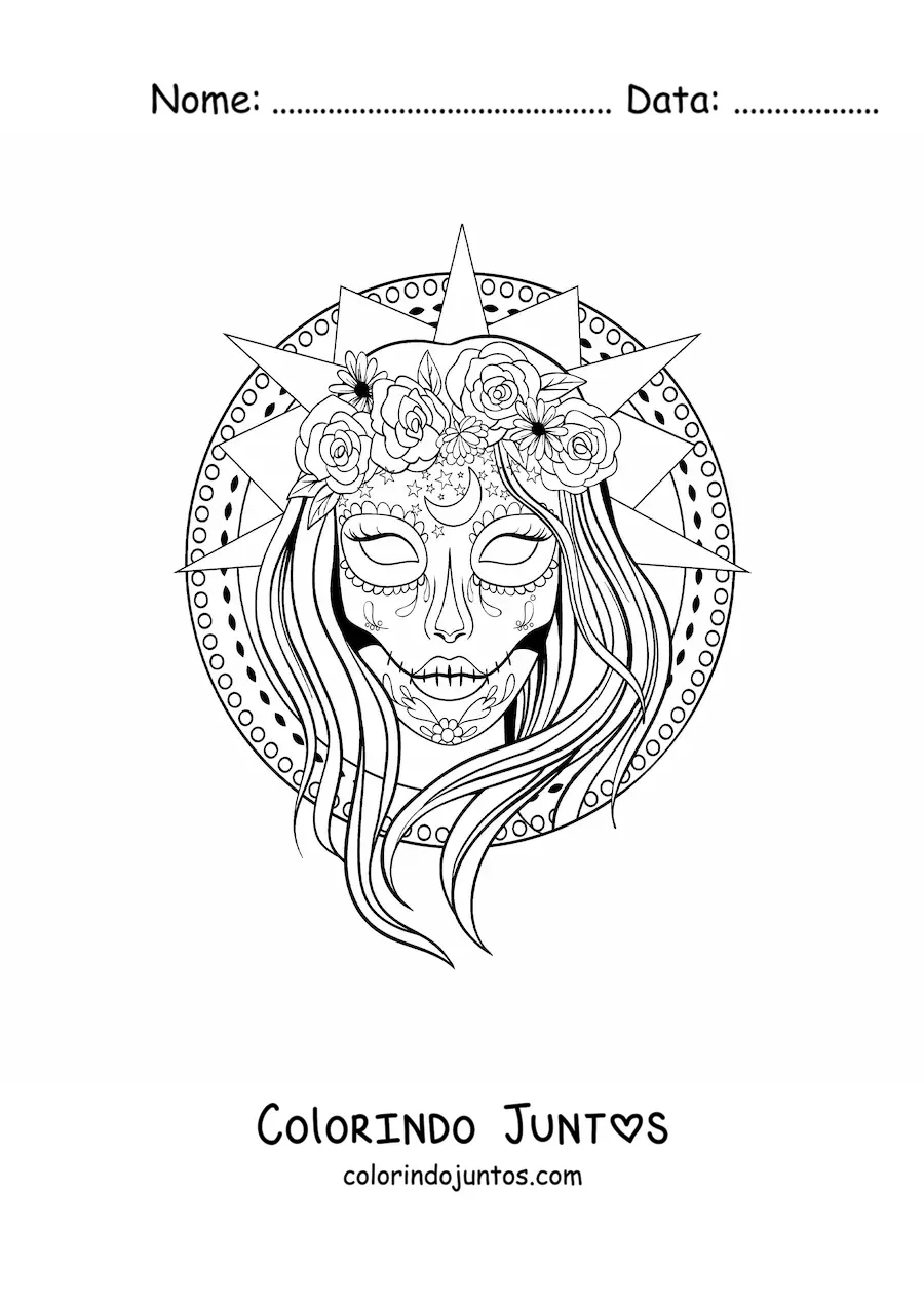 Desenho para colorir de linda catrina realista com fundo de mandala
