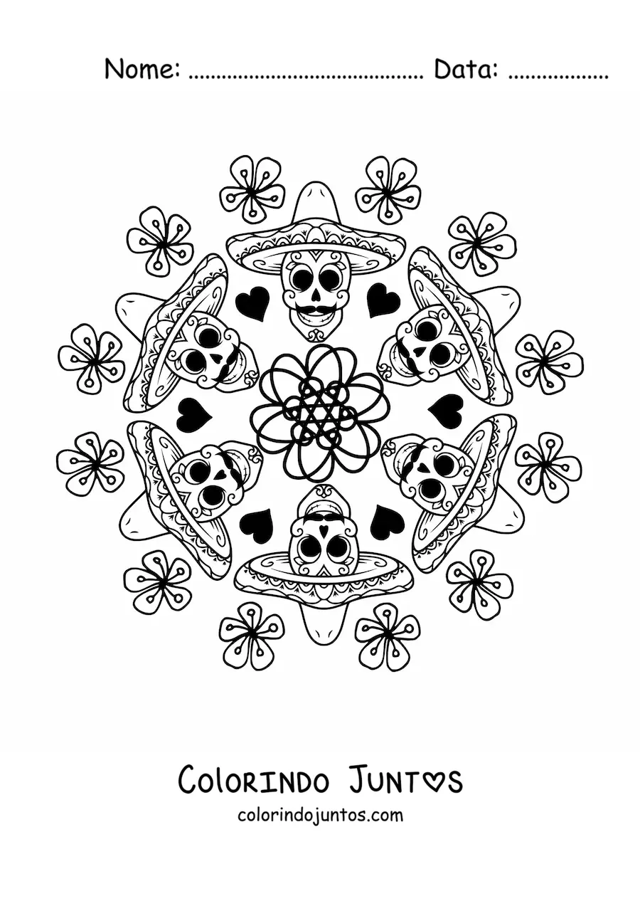 Desenho para colorir de mandala de caveiras mexicanas