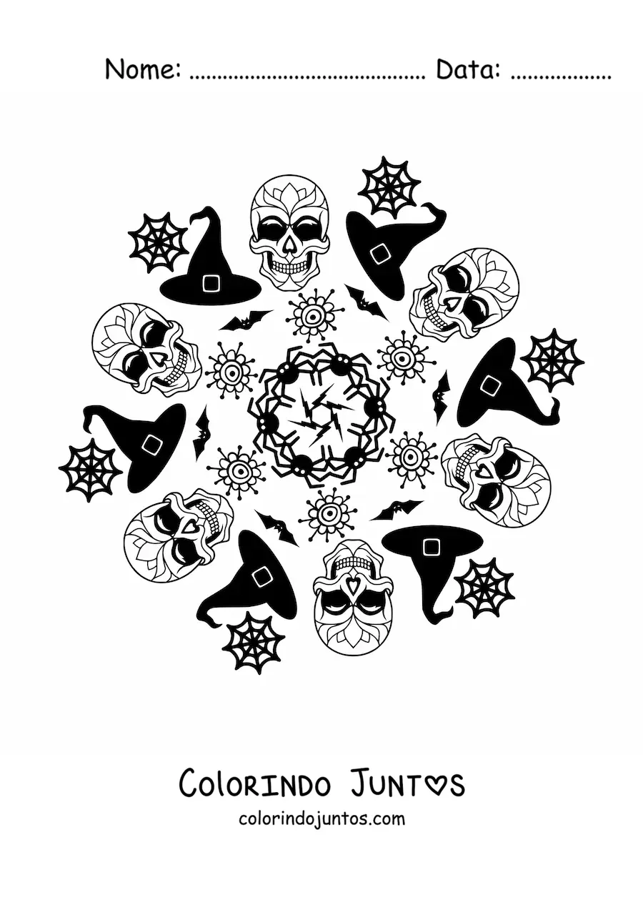 Desenho para colorir de mandala de caveiras de Halloween