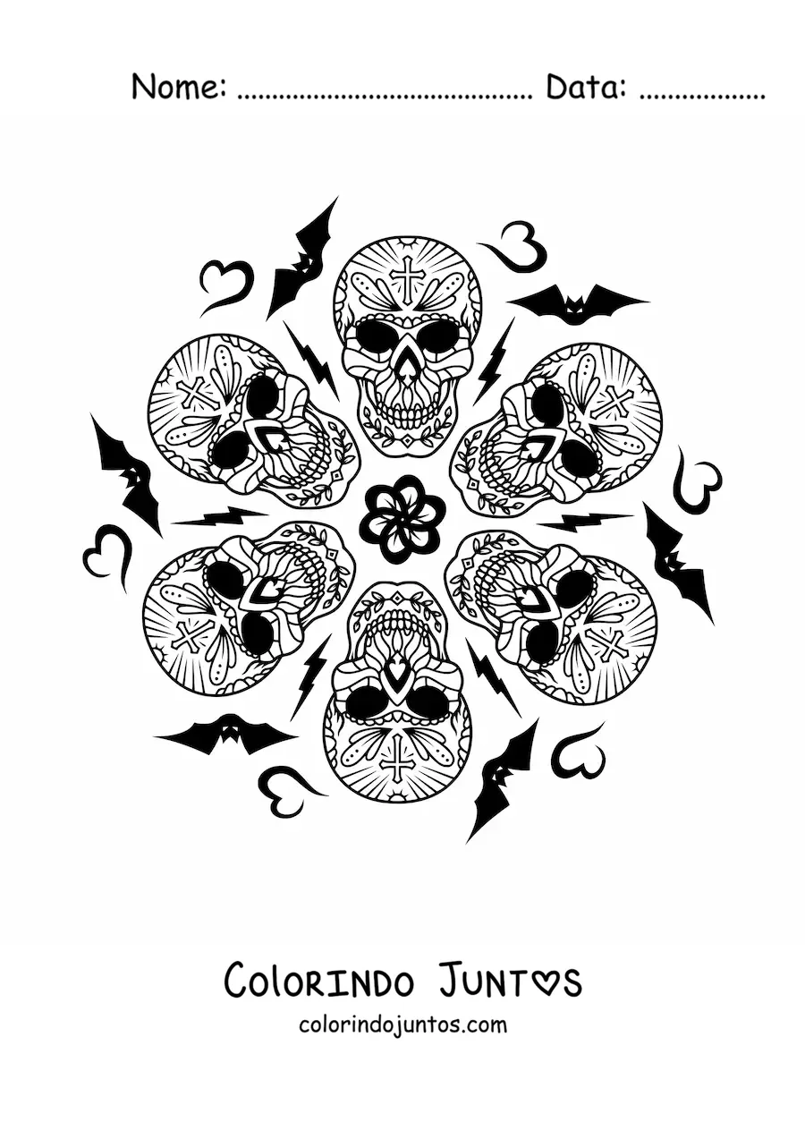 Desenho para colorir de mandala de caveiras de Halloween