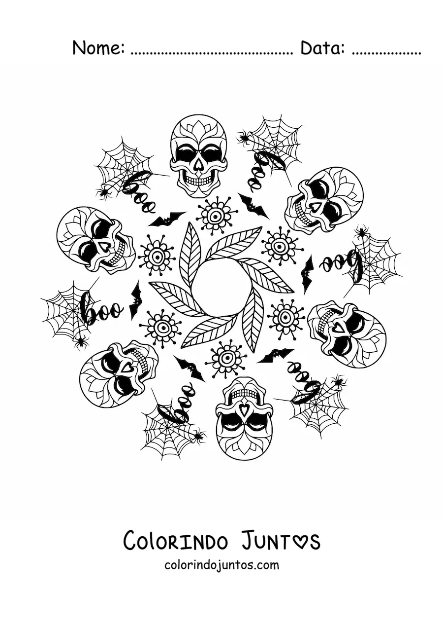Desenho para colorir de mandala de caveiras de Halloween