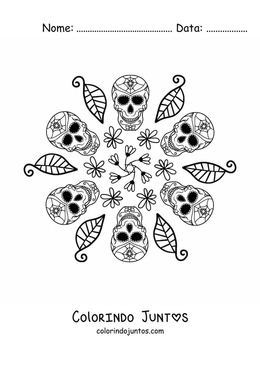 Desenho para colorir de mandala de caveiras catrinas