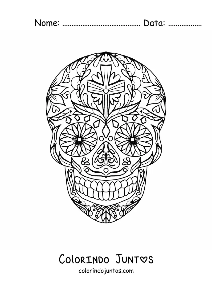 Desenho para colorir de mandala de caveira mexicana