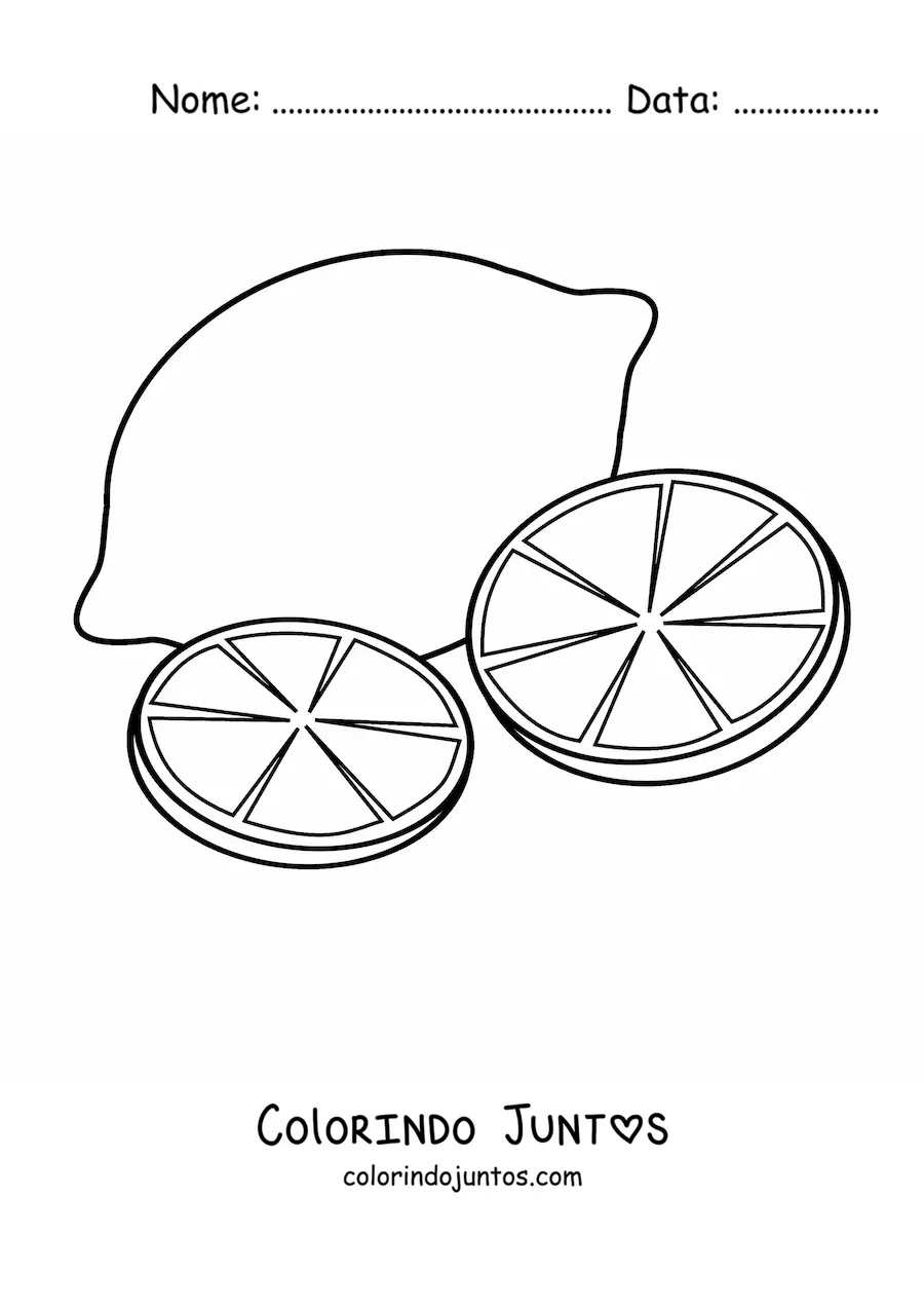 Desenho para colorir de um limão e duas rodelas de limão