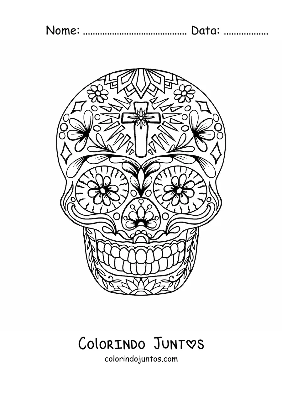 Desenho para colorir de mandala de caveira mexicana