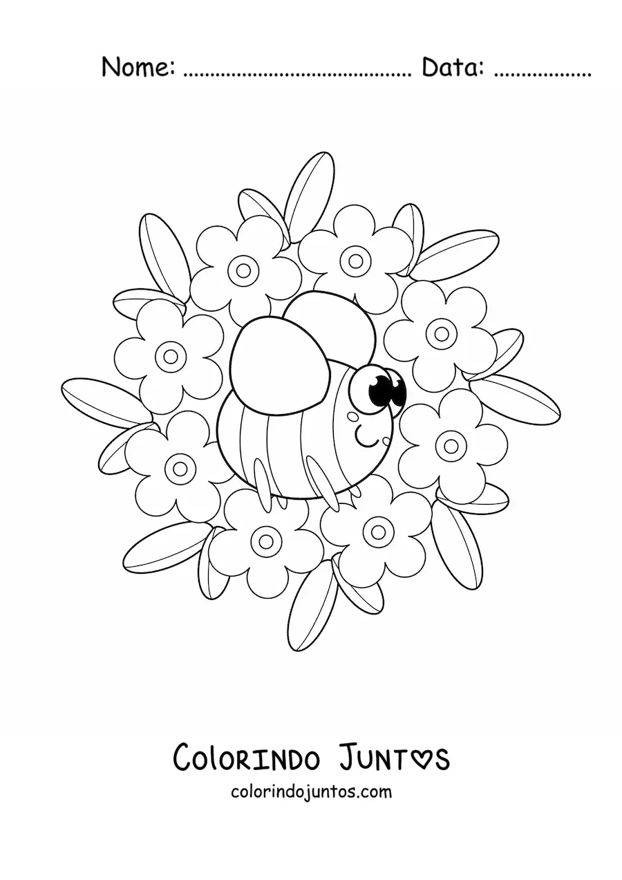 Desenho para colorir de mandala kawaii de abelha e flores