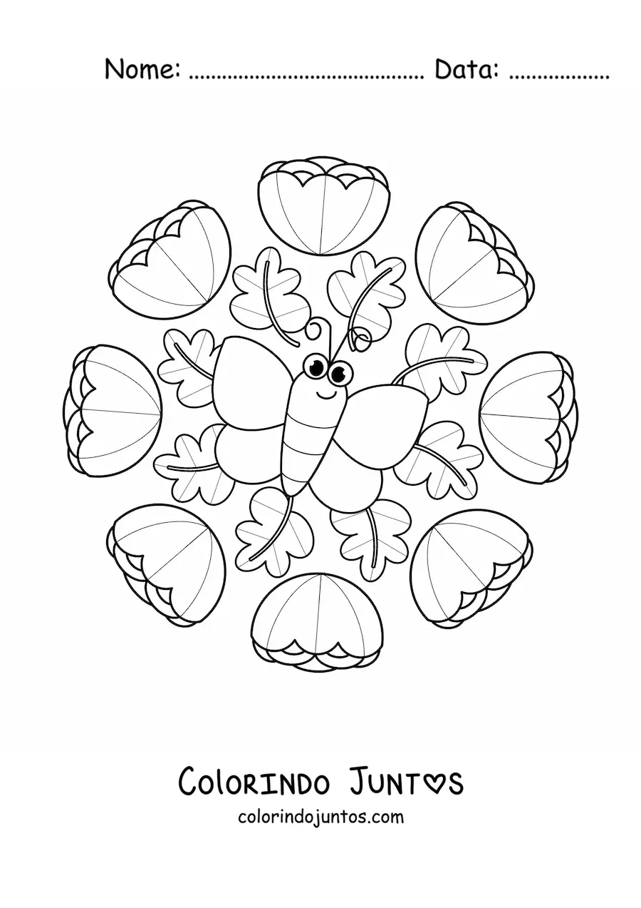 Desenho para colorir de mandala kawaii de borboleta e flores