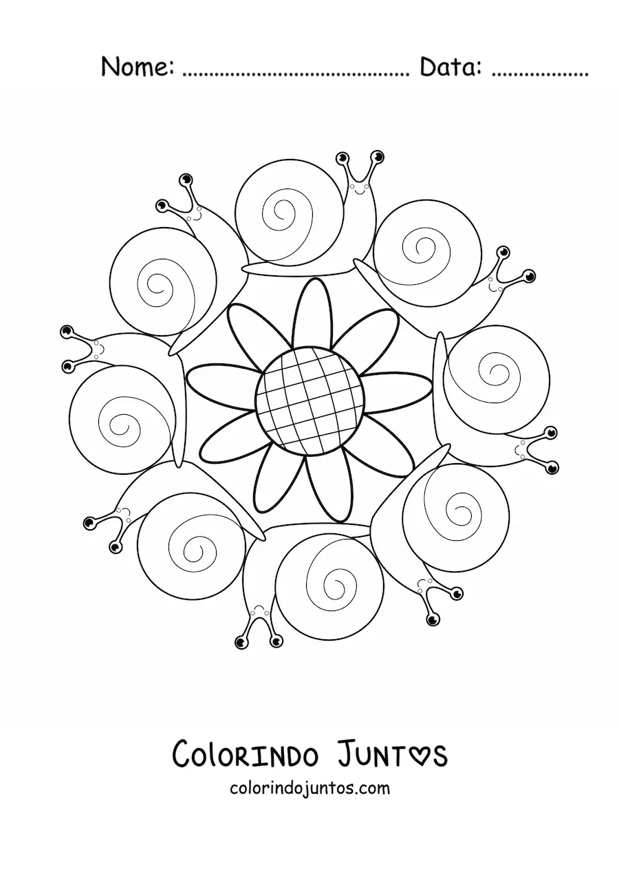 Desenho para colorir de mandala kawaii de caracóis e uma flor