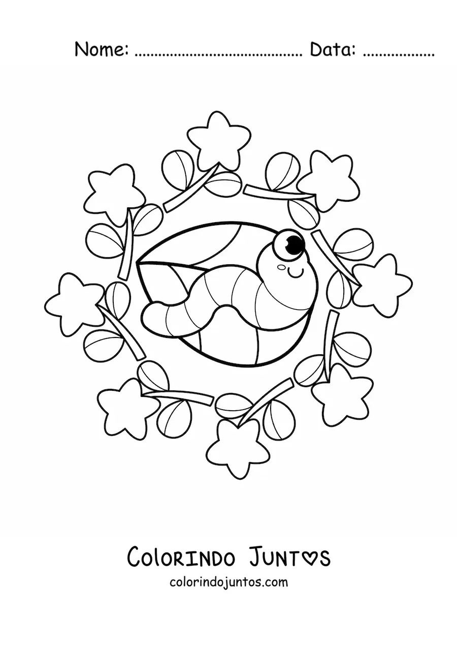 Desenho para colorir de mandala kawaii de lagarta e flores