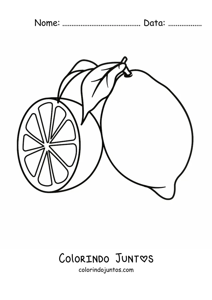 Desenho para colorir de um limão com folha e meio limão