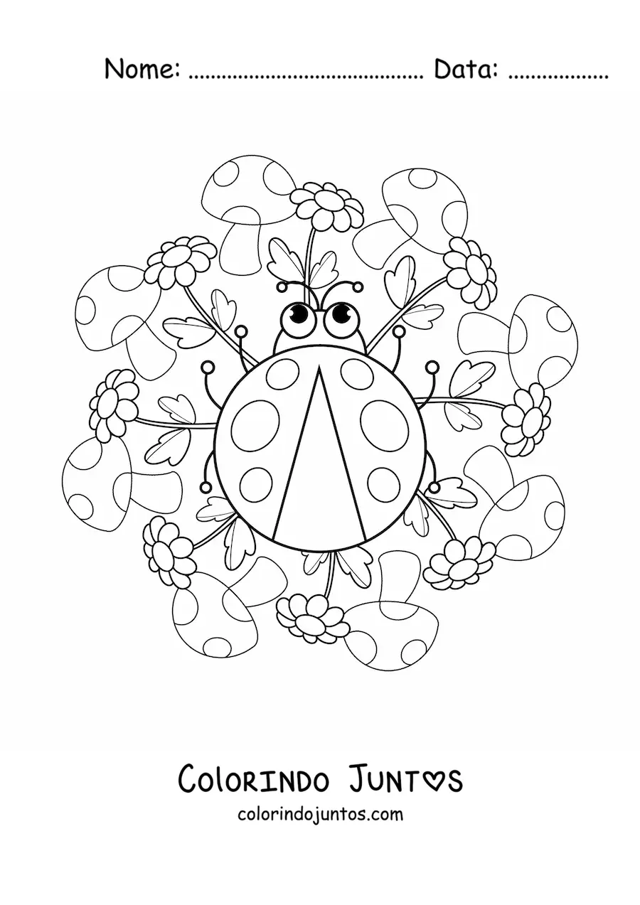 Desenho para colorir de mandala kawaii de joaninha com cogumelos e flores