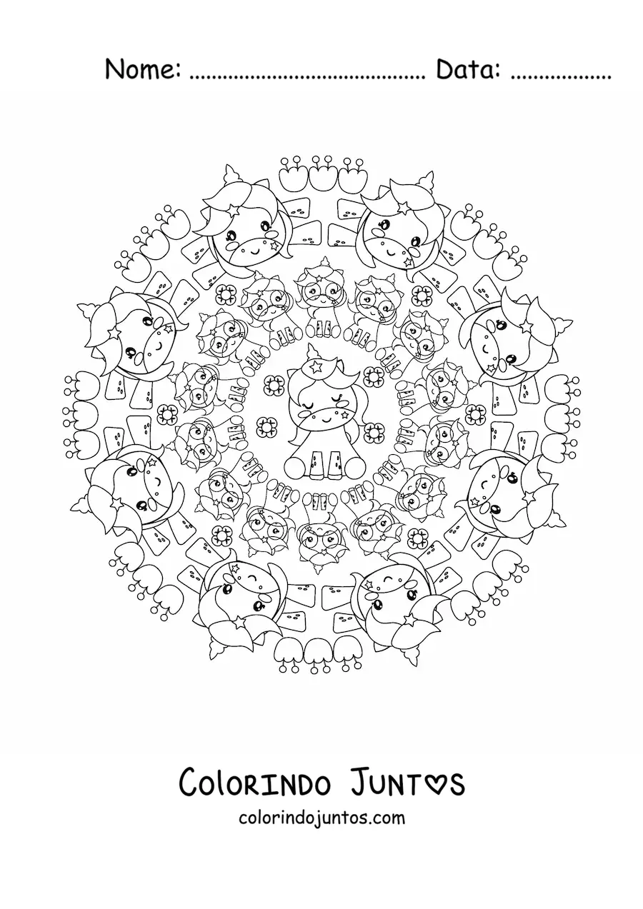 Desenho para colorir de mandala kawaii de unicórnios