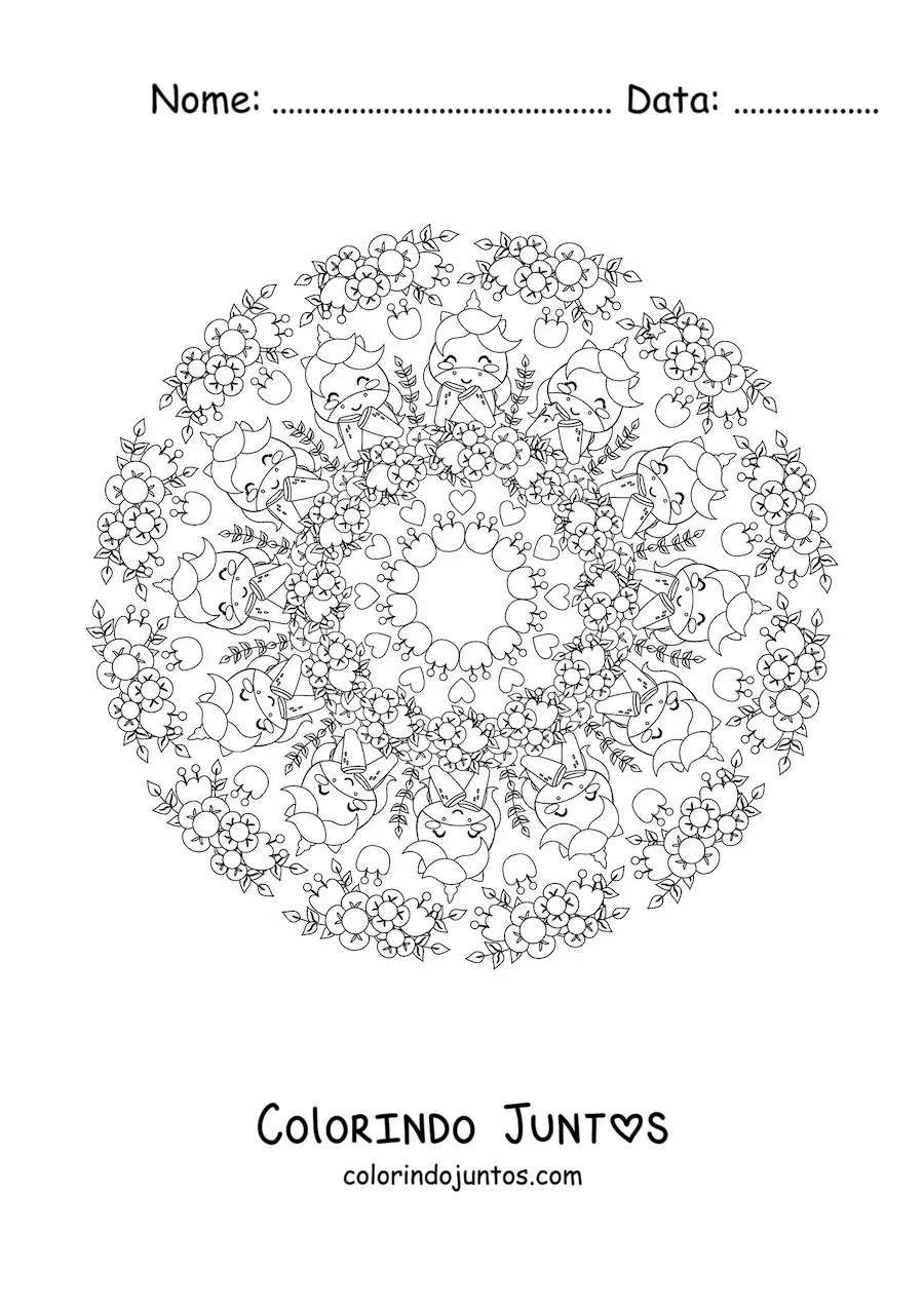 Desenho para colorir de mandala kawaii de unicórnios com flores