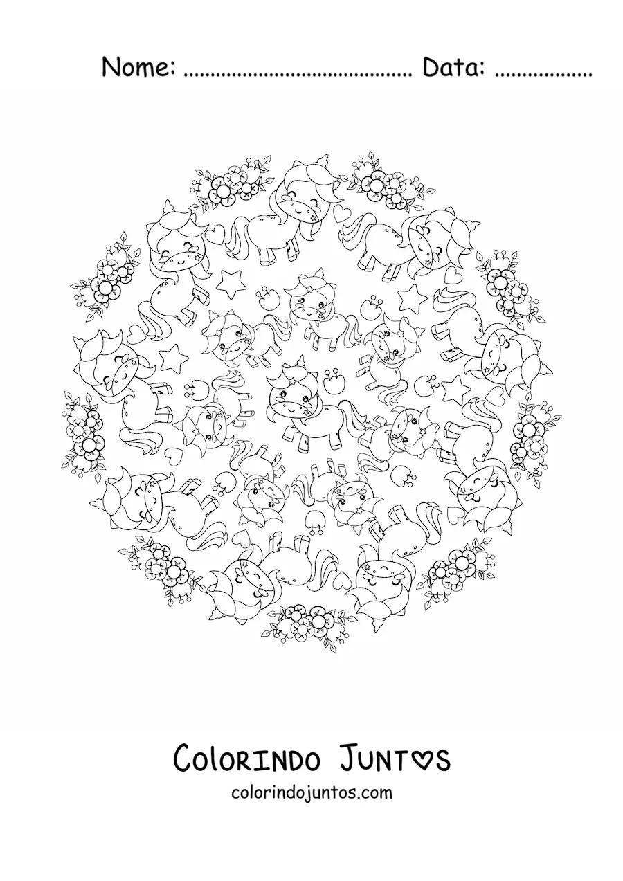 Desenho para colorir de mandala kawaii de unicórnios com flores e estrelas