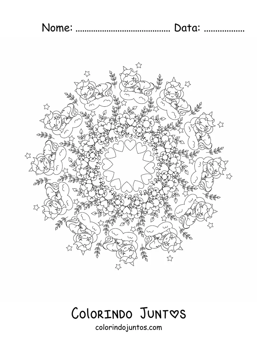 Desenho para colorir de mandala kawaii de unicórnios com flores e corações
