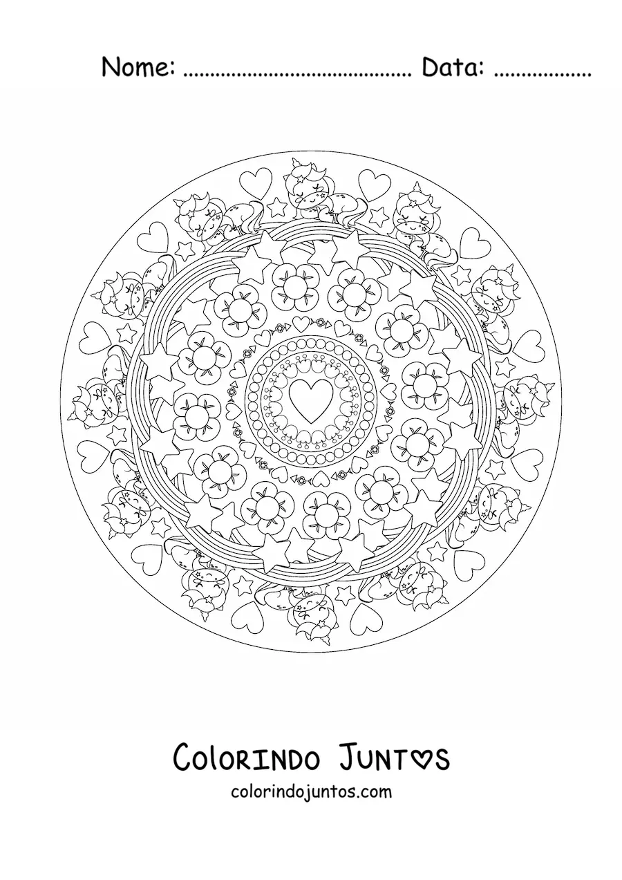 Desenho para colorir de mandala kawaii de unicórnios com flores corações e estrelas