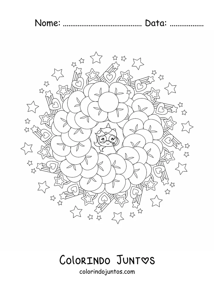 Desenho para colorir de mandala kawaii de unicórnios com corações e estrelas