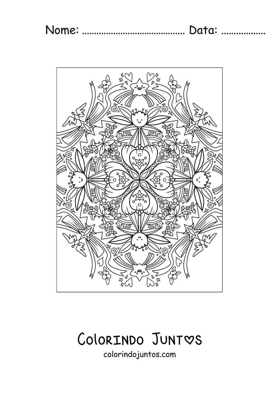 Desenho para colorir de mandala kawaii de flores e estrelas
