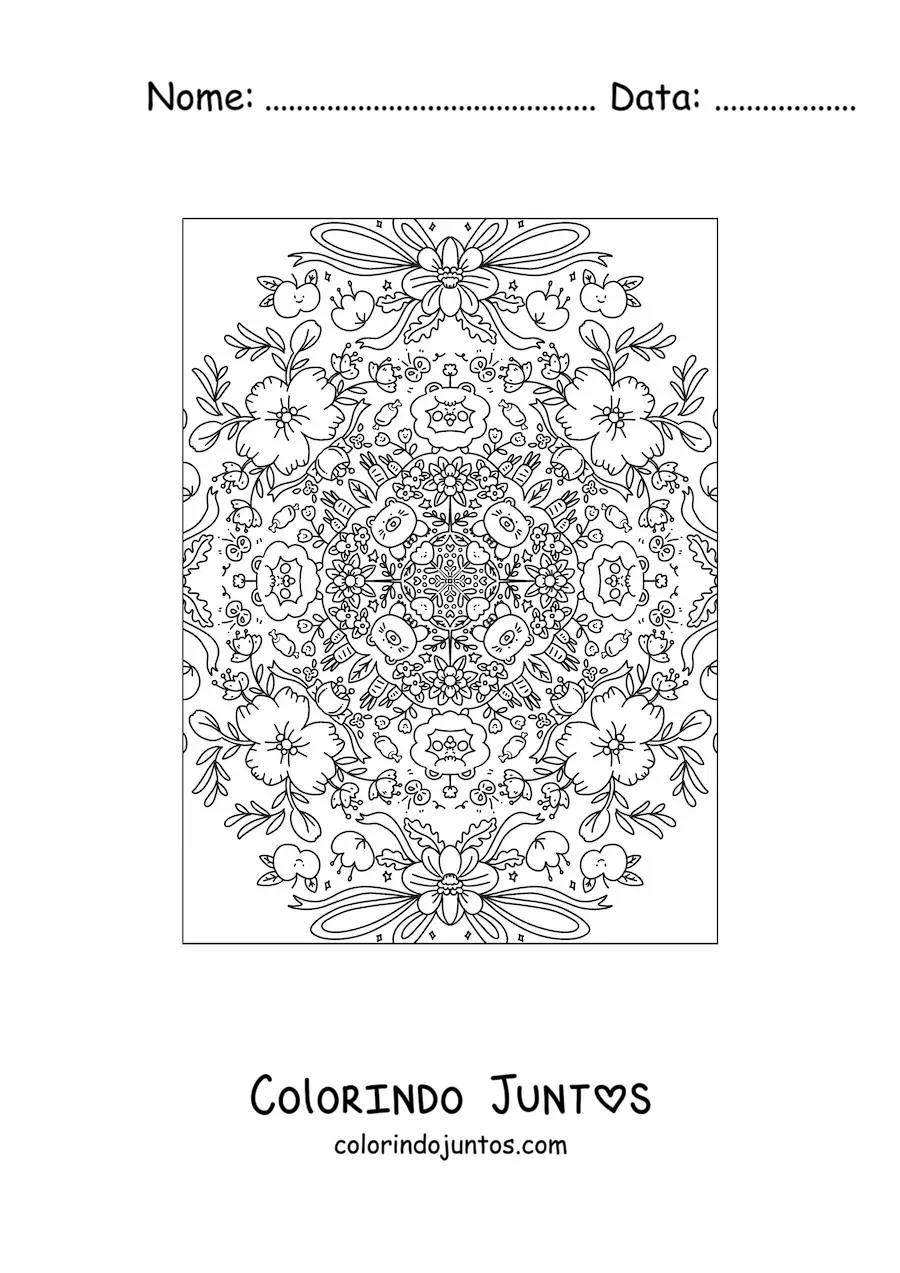 Desenho para colorir de mandala kawaii de flores e animais