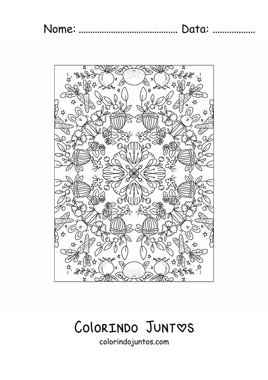 Desenho para colorir de mandala kawaii de flores e coelhos