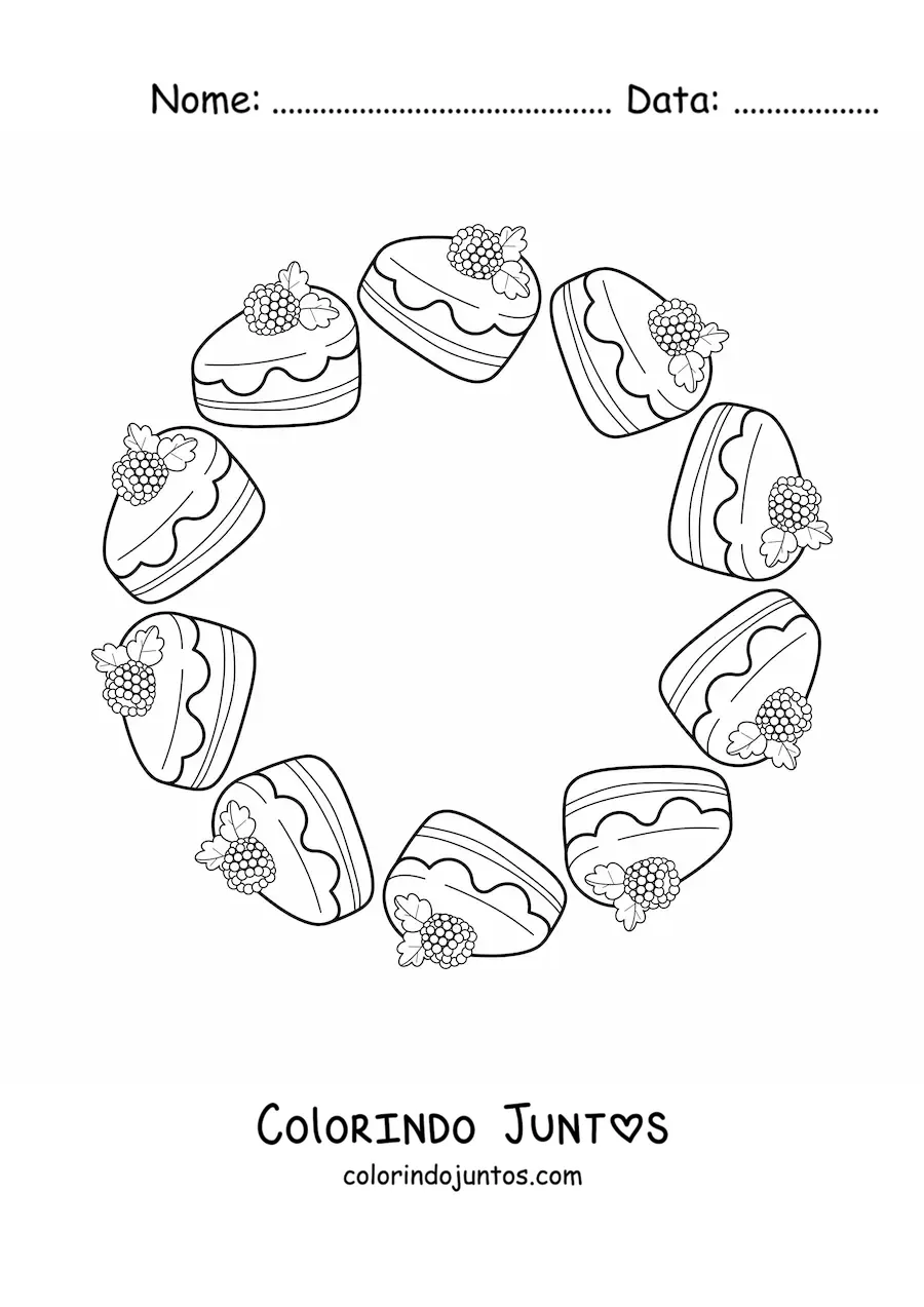 Desenho para colorir de mandala kawaii de fatias de bolo