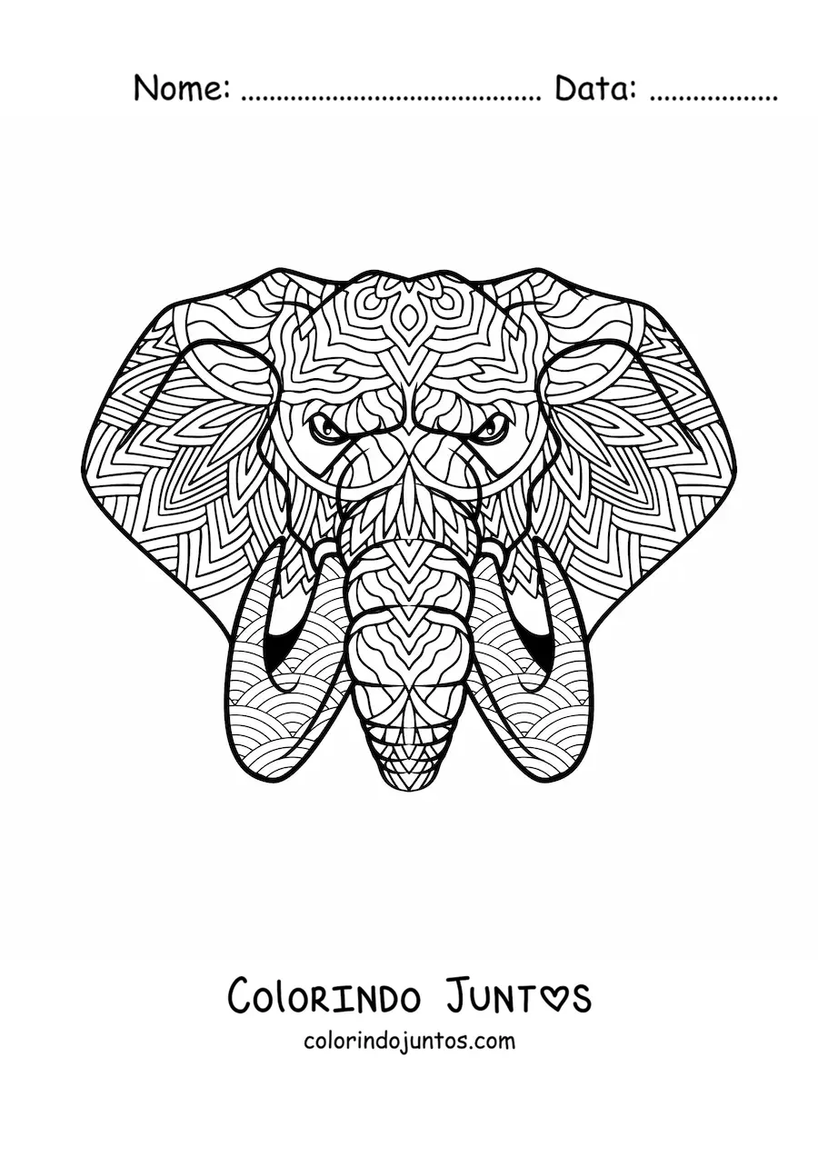 Desenho para colorir de mandala estilo Zentangle do rosto de um elefante