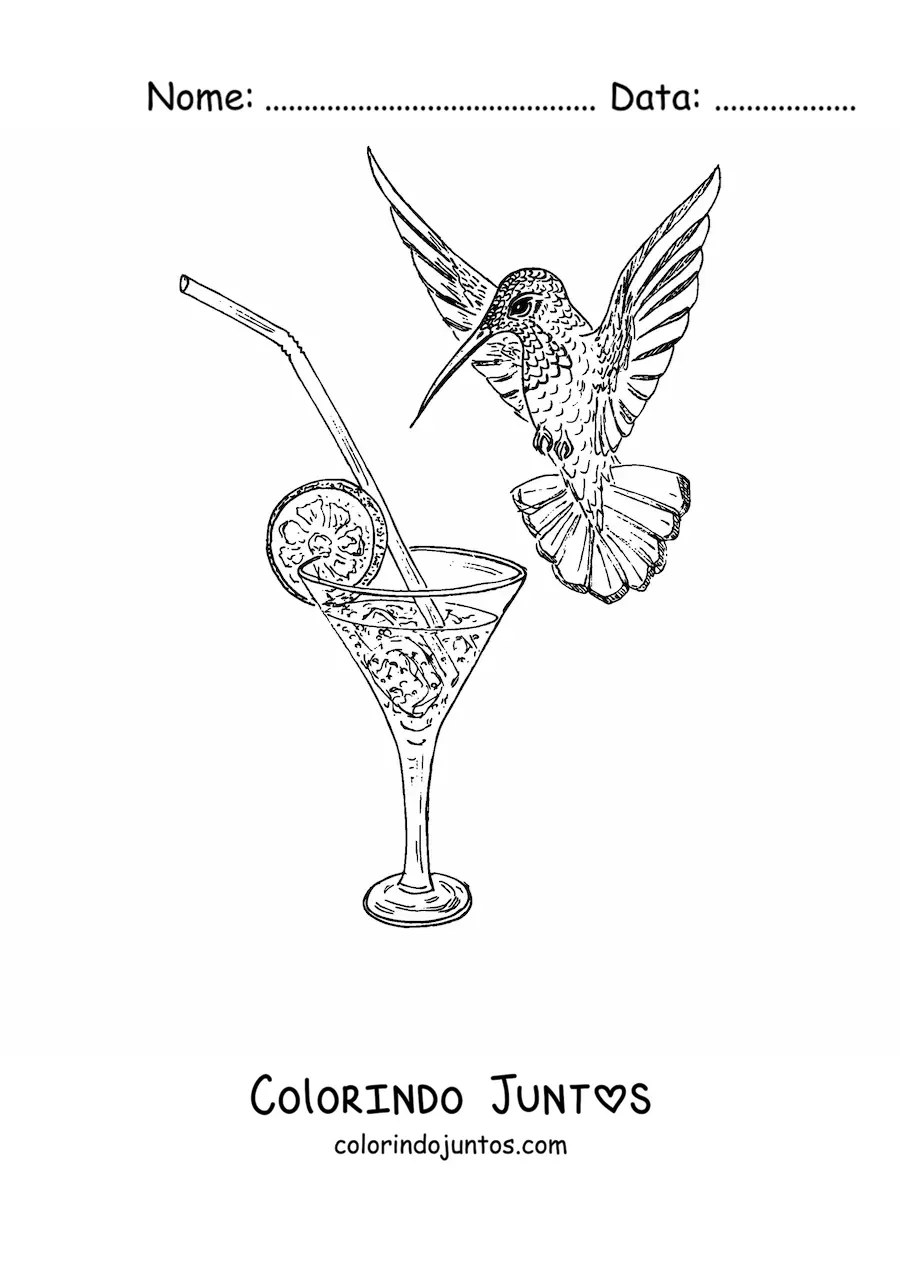 Desenho para colorir de um beija-flor bebendo de uma taça com uma rodela de limão