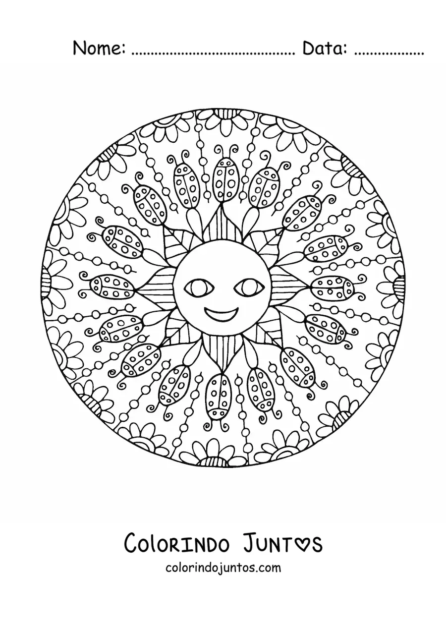 Desenho para colorir de mandala do Sol animado cercado por joaninhas e flores