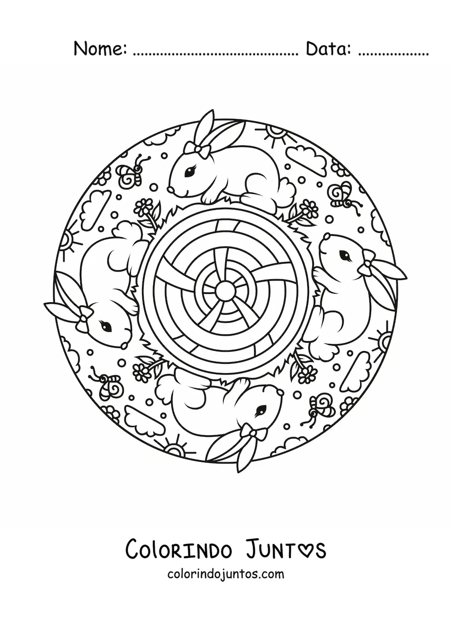 Desenho para colorir de mandala de coelhos kawaii