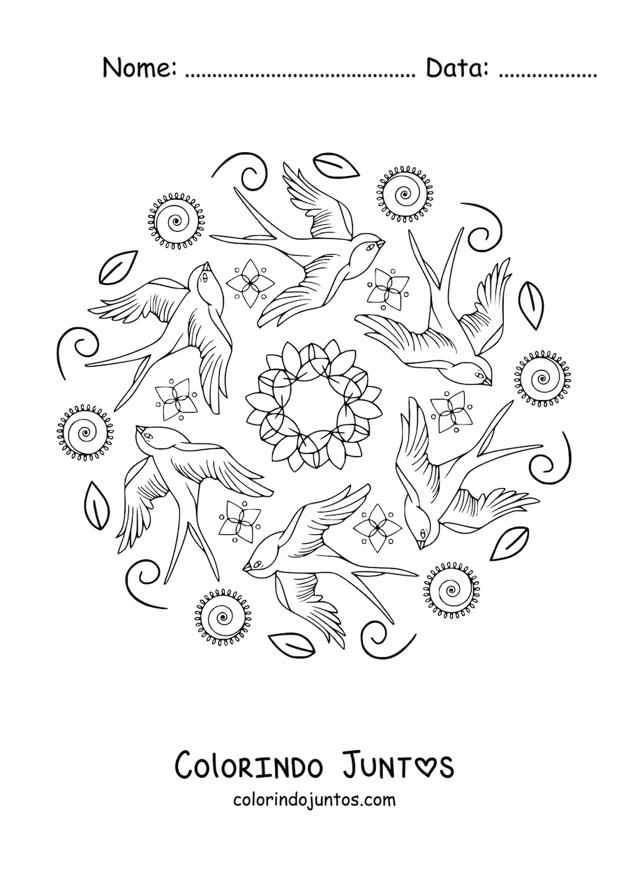 Desenho para colorir de mandala de aves voando e folhas