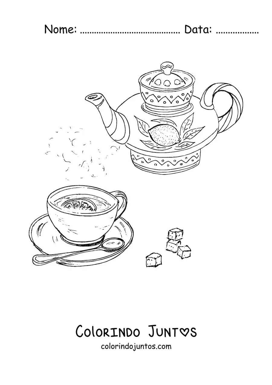 Desenho para colorir de um bule com chá de limão