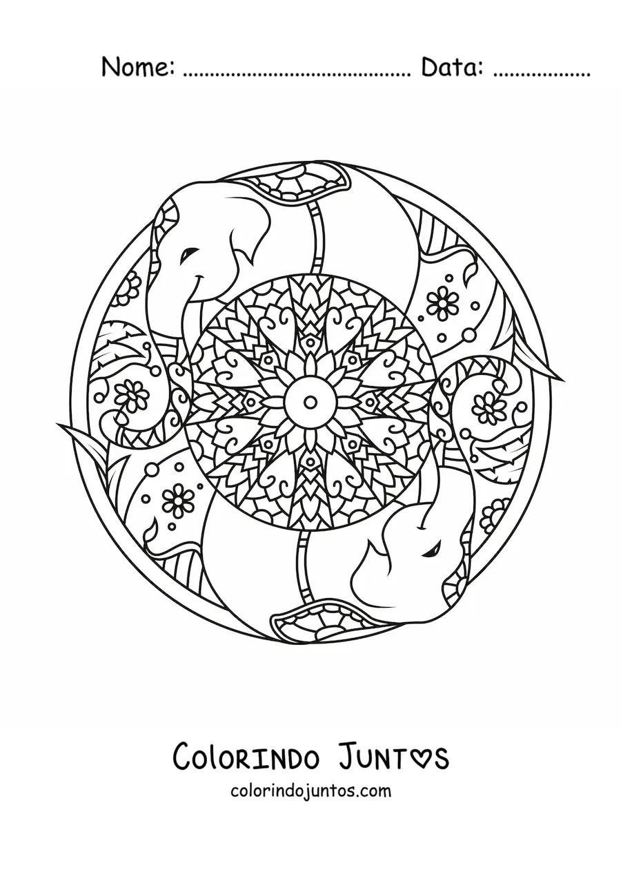 Desenho para colorir de mandala de elefantes