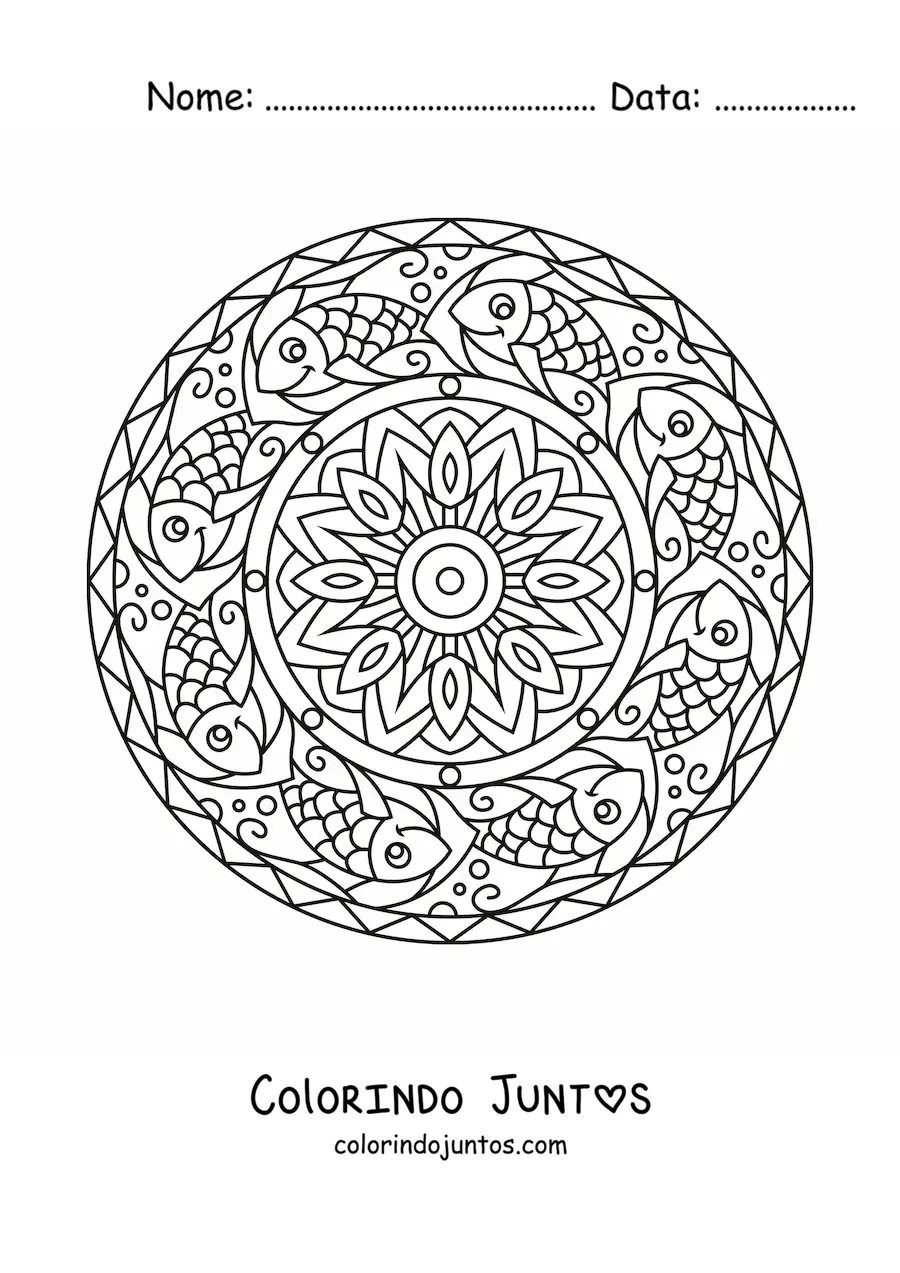 Desenho para colorir de mandala de peixes