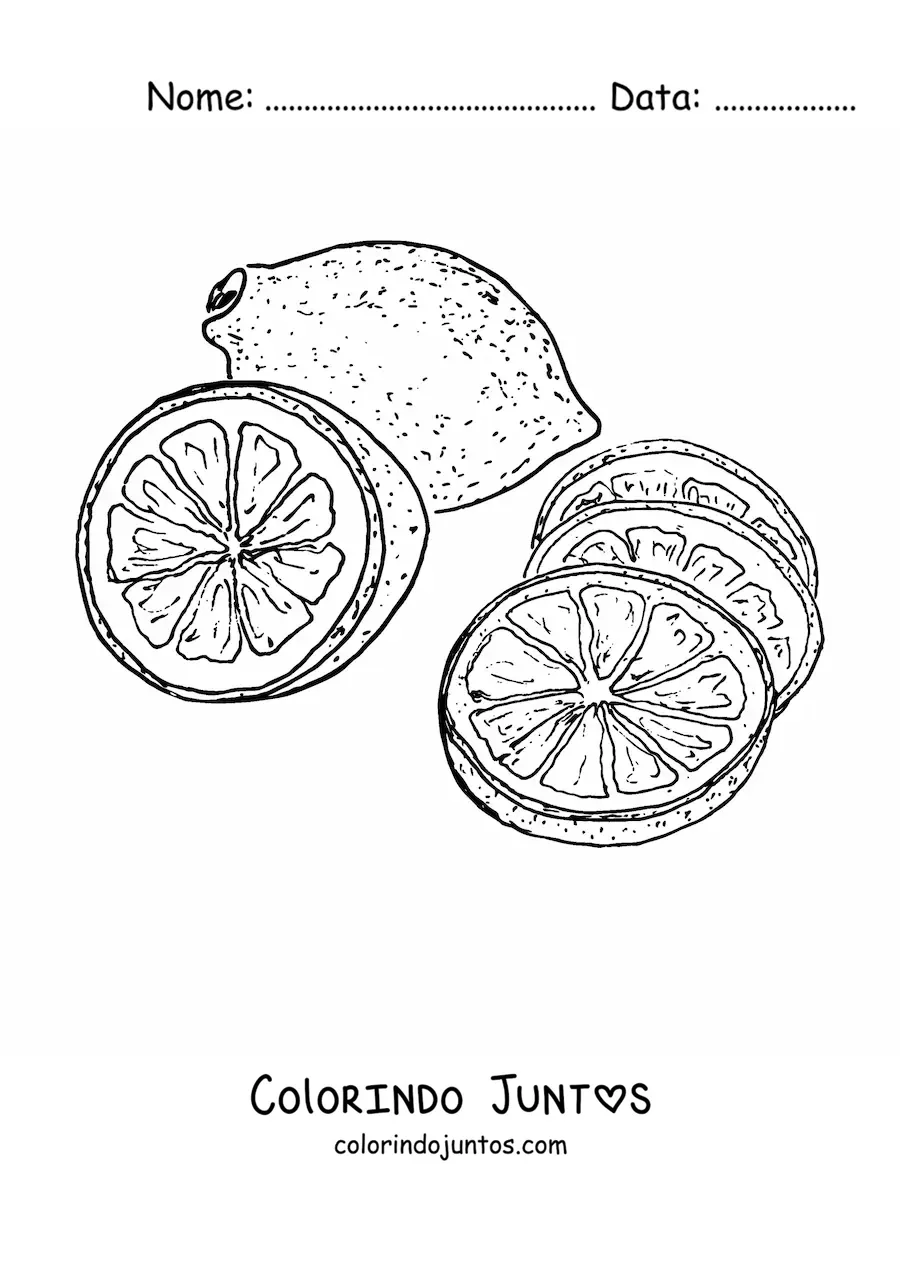 Desenho para colorir de um limão inteiro e várias rodelas de limão