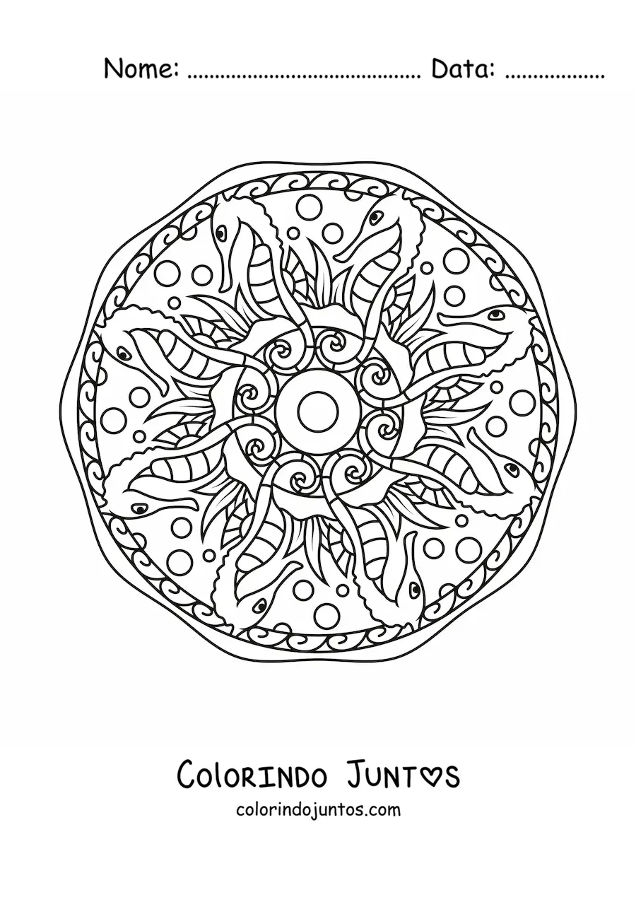 Desenho para colorir de mandala de cavalos-marinhos