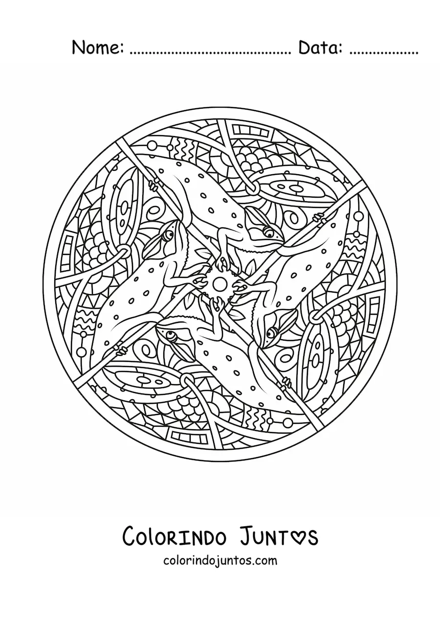 Desenho para colorir de mandala de iguanas