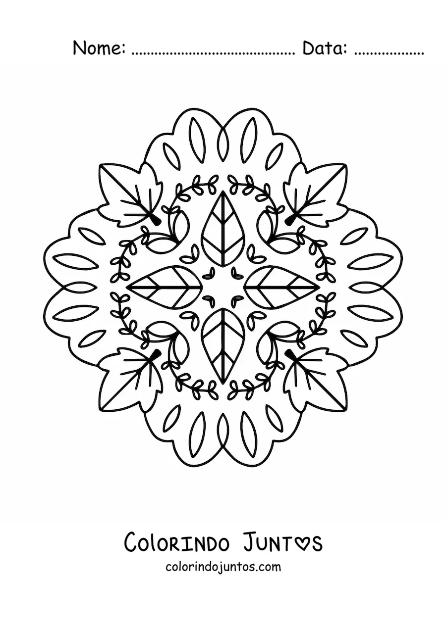 Desenho para colorir de mandala com folhas de outono