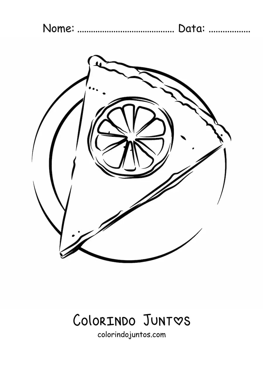 Desenho para colorir de um pedaço de torta de limão em um prato