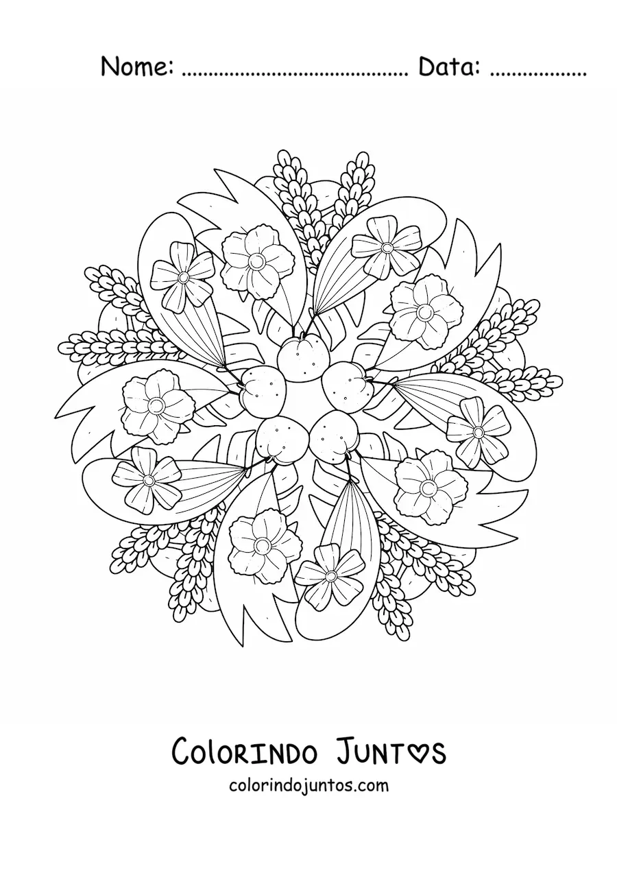 Desenho para colorir de mandala de flores e folhas fácil