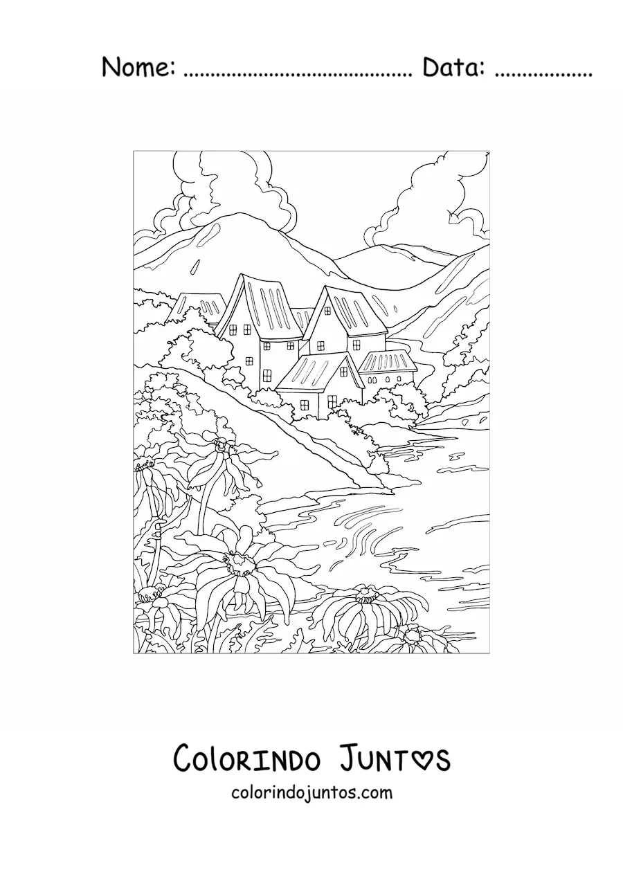 Desenho para colorir de paisagem de uma casa no campo