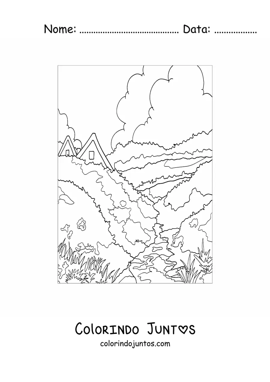 Desenho para colorir de paisagem de uma casa no campo