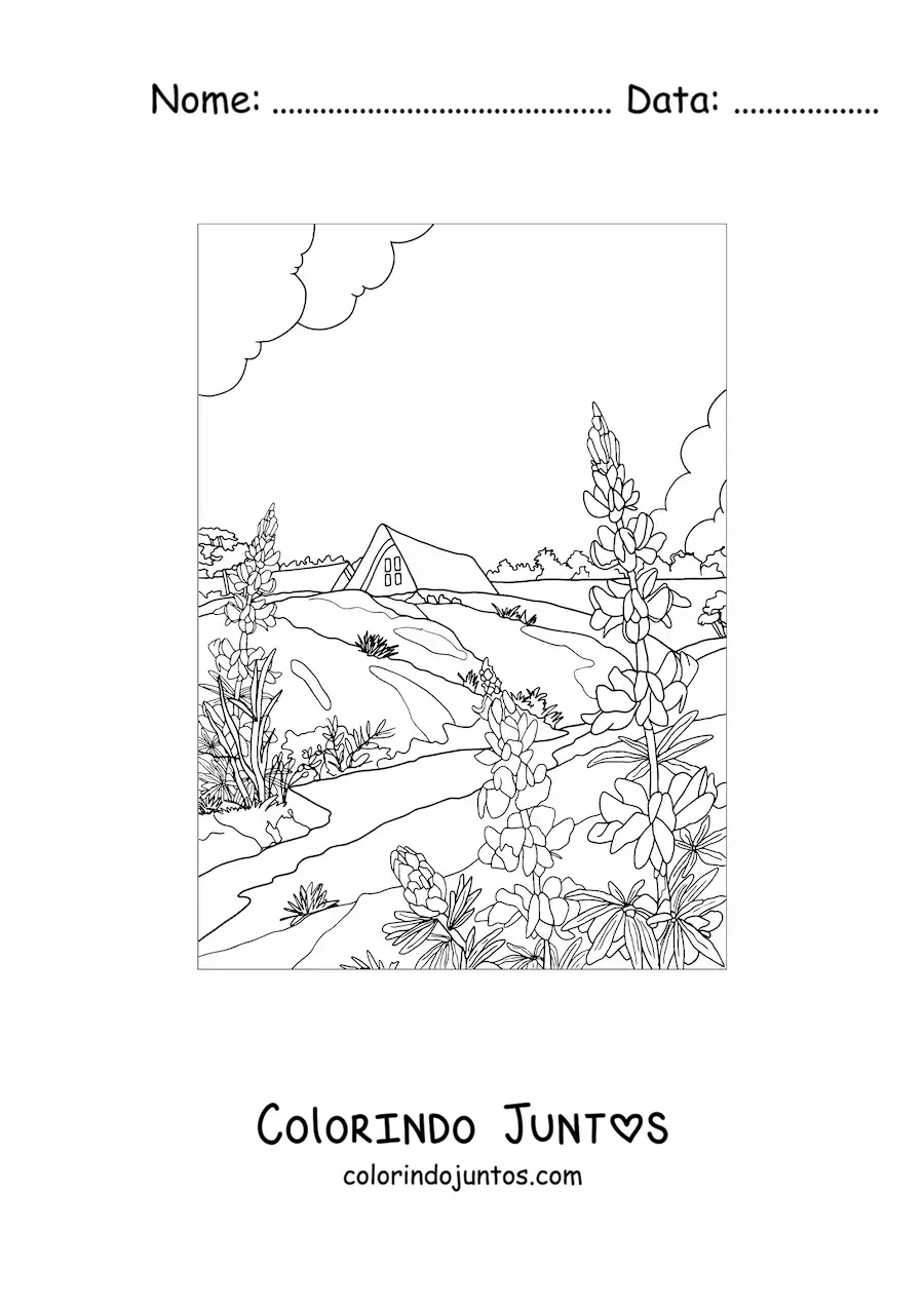 Desenho para colorir de paisagem de uma casa no campo