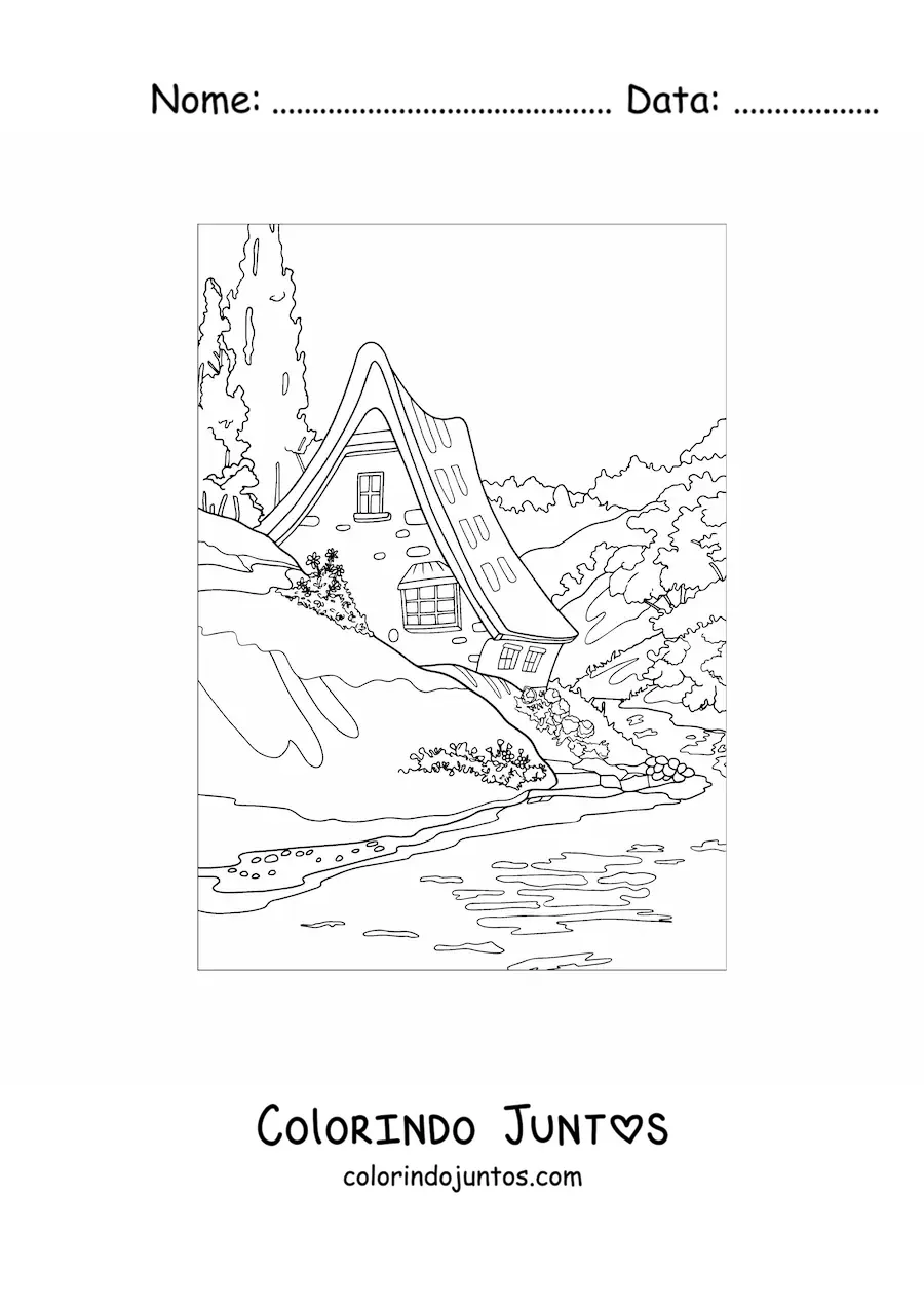 Desenho para colorir de paisagem de uma casa no campo